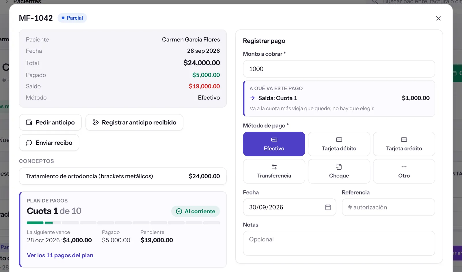 Ventana de cobro del software dental con método de pago: efectivo, tarjeta o transferencia