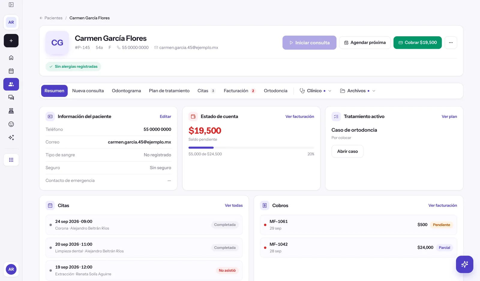 Ficha del paciente en software dental con estado de cuenta, citas y cobros