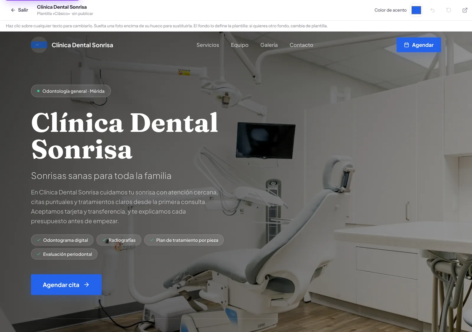 Editor de la página web de la clínica dentro del software dental DaleControl