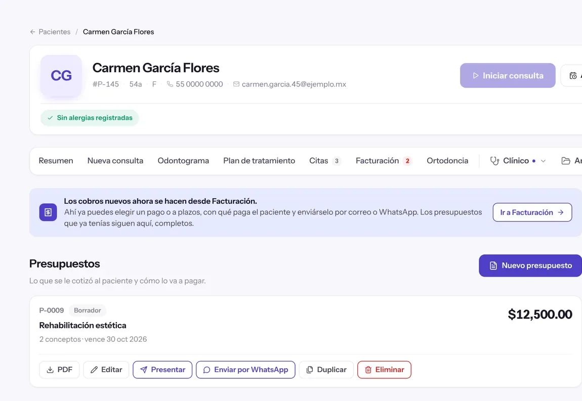 Presupuesto dental en el software DaleControl con monto, vigencia y envío por WhatsApp
