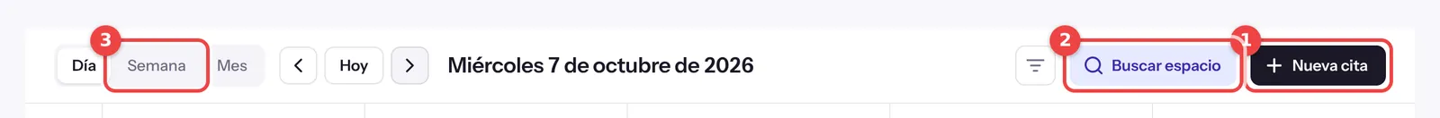 Barra de la agenda del software dental con los botones Día, Semana, Buscar espacio y Nueva cita marcados