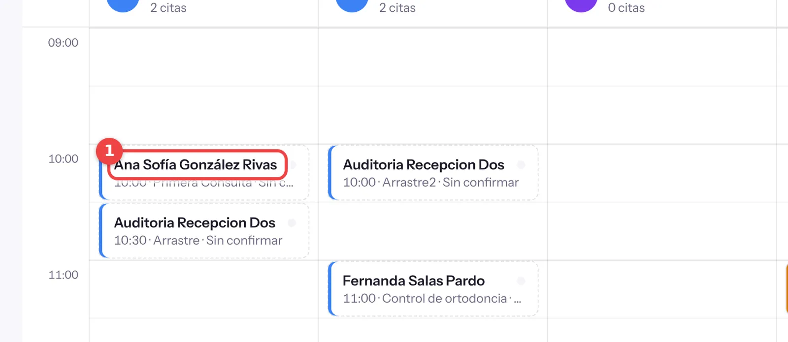 Tarjeta de la nueva cita en la columna del doctor dentro de la agenda