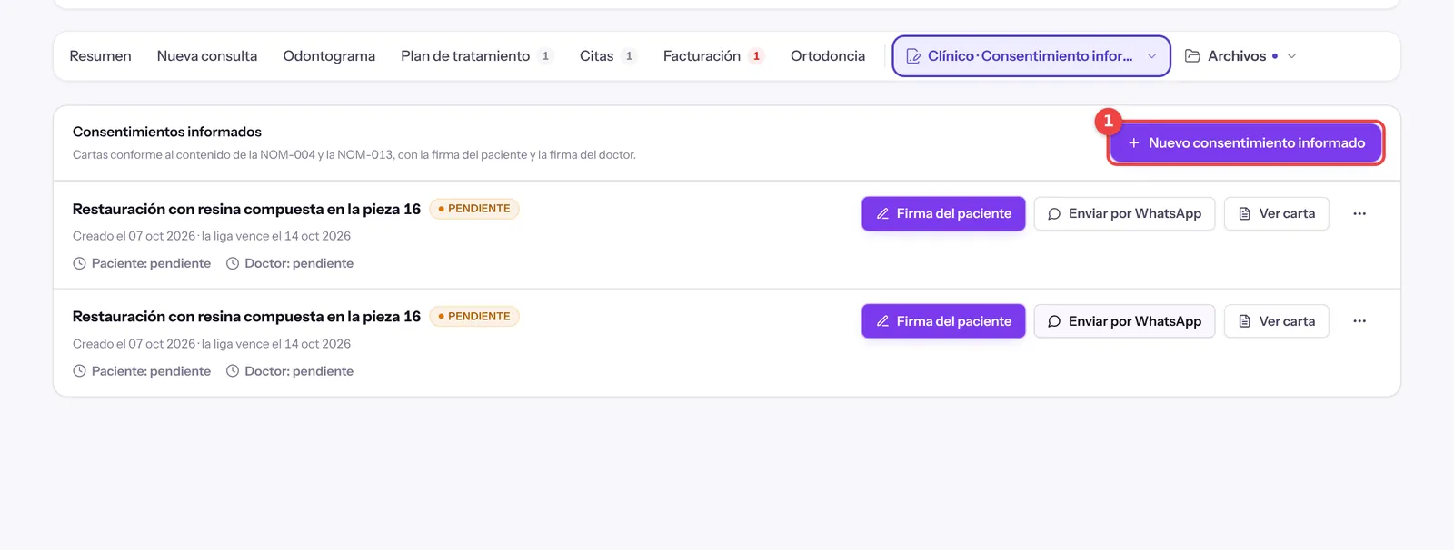Pantalla de consentimientos sin cartas con el botón Nuevo consentimiento informado marcado