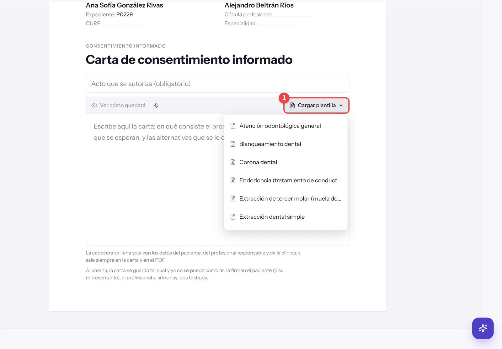 Lista de plantillas del consentimiento informado en tablet con el botón Cargar plantilla marcado