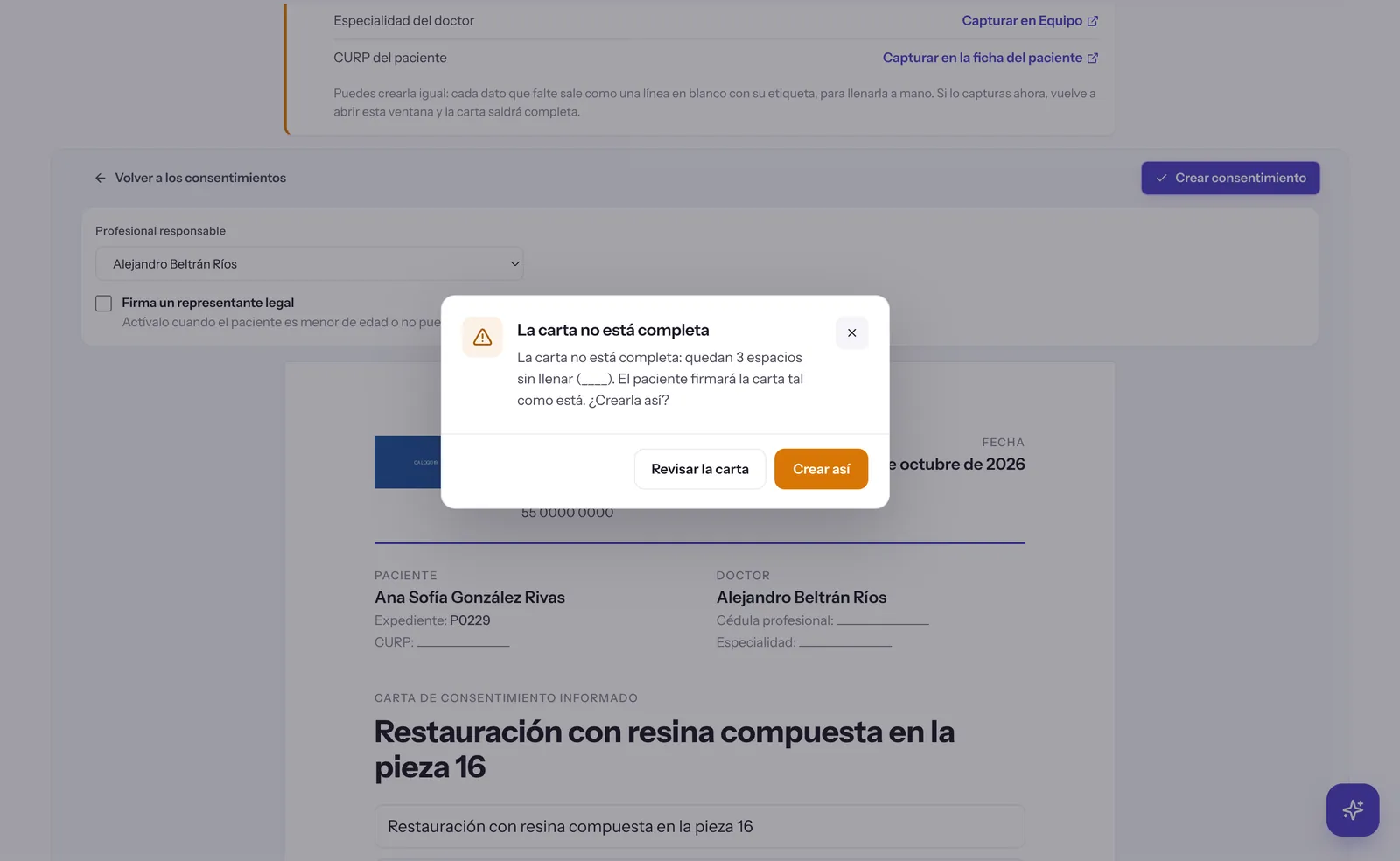 Aviso de carta incompleta con los botones Revisar la carta y Crear así