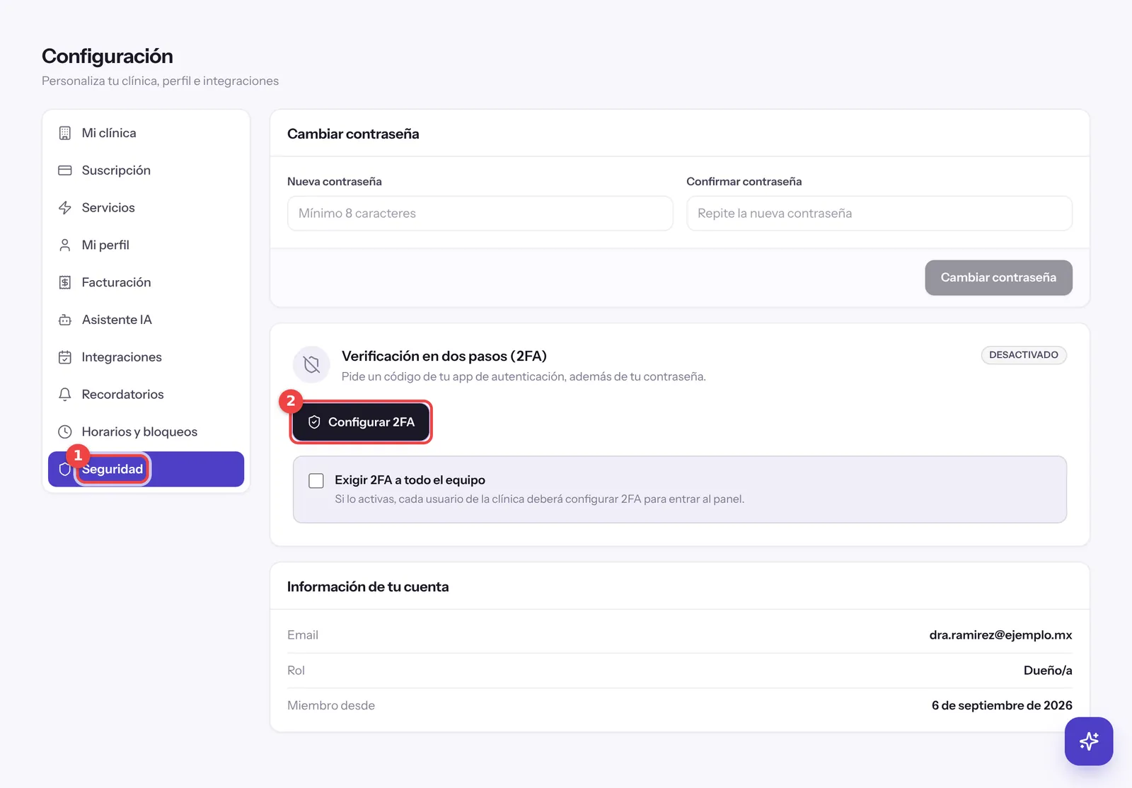 Pestaña Seguridad de Configuración con la tarjeta de 2FA y el botón Configurar 2FA marcados