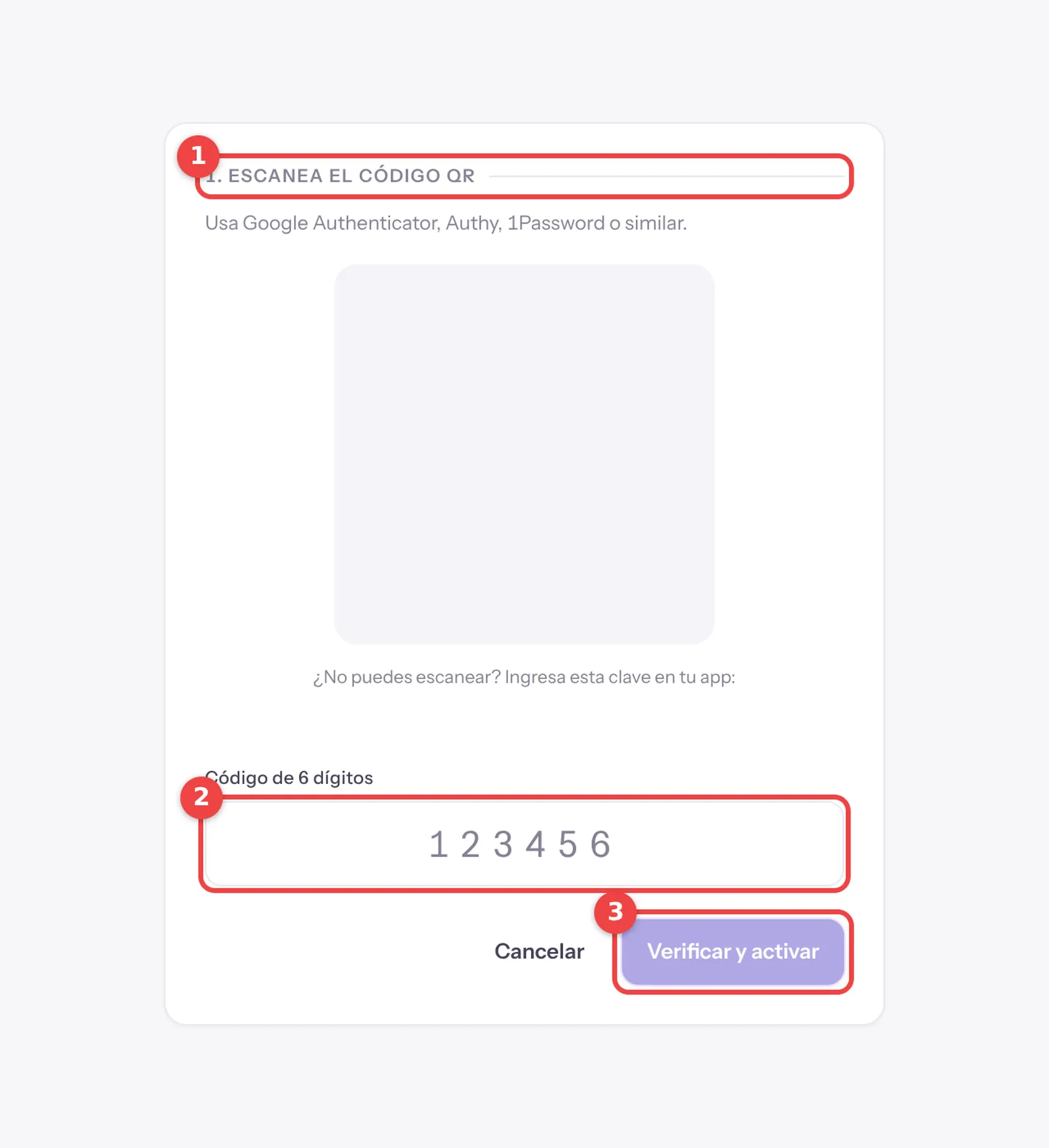 Pantalla para activar la verificación en dos pasos con el código QR cubierto, el campo del código de 6 dígitos y el botón Verificar y activar