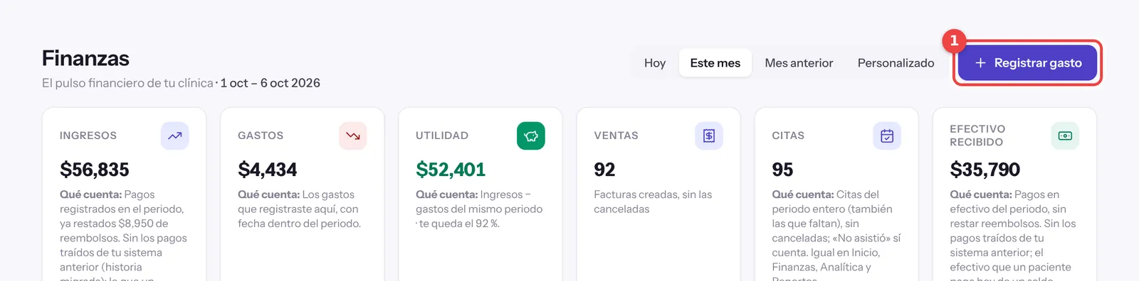 Pantalla de Finanzas con el botón Registrar gasto marcado para registrar los gastos de una clínica dental