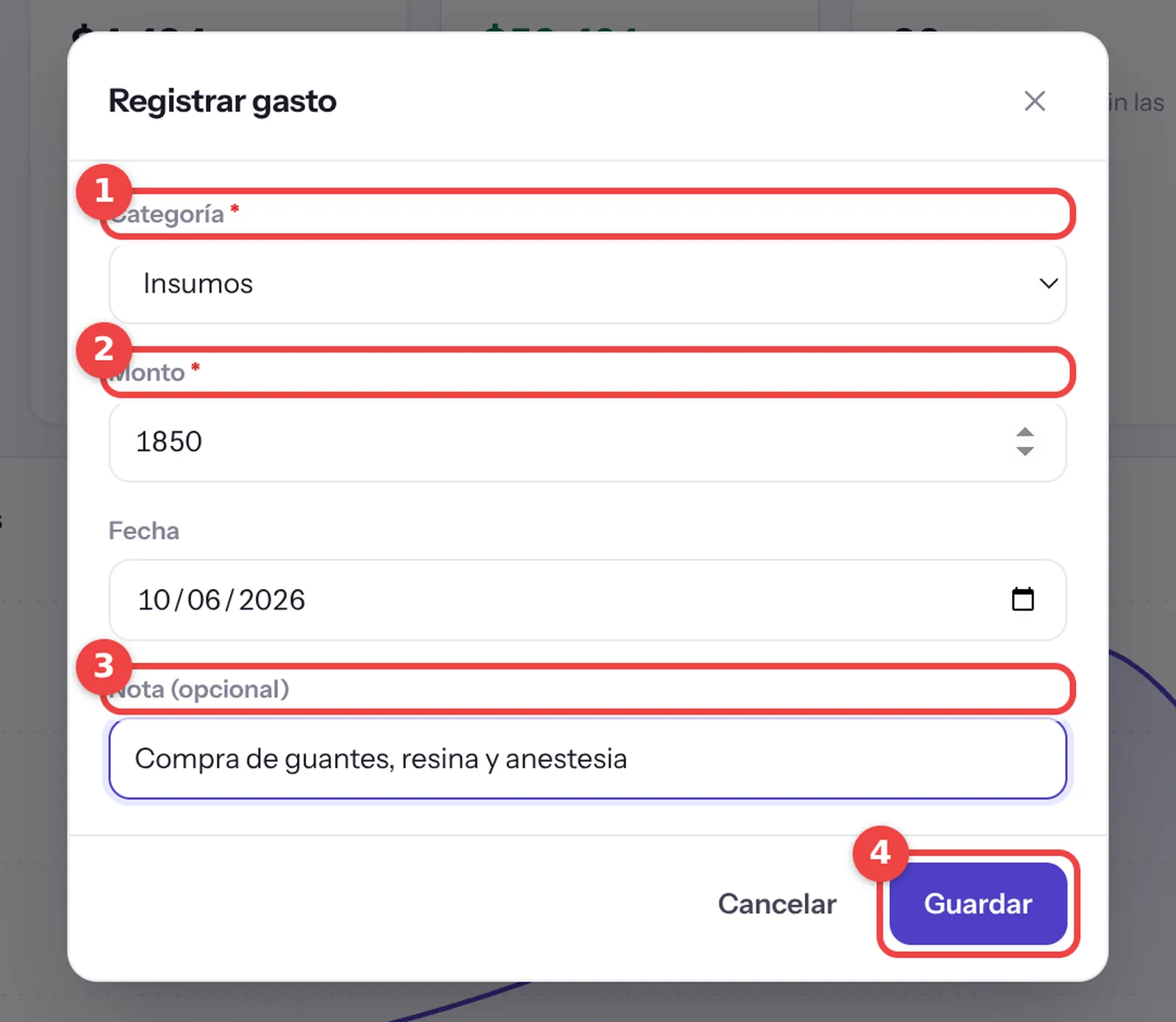 Formulario Registrar gasto con categoría, monto, nota y el botón Guardar marcados