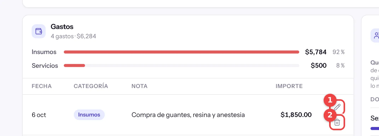 Tarjeta de Gastos con un gasto recién registrado y los íconos para corregirlo o eliminarlo