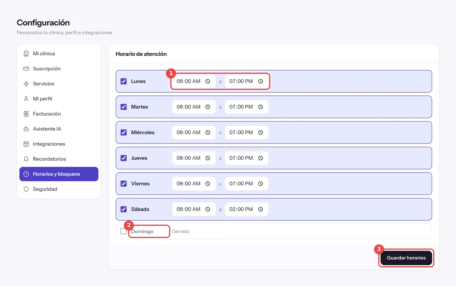 Pantalla de horarios de una clínica dental en el software DaleControl, con una fila por día y el botón Guardar horarios