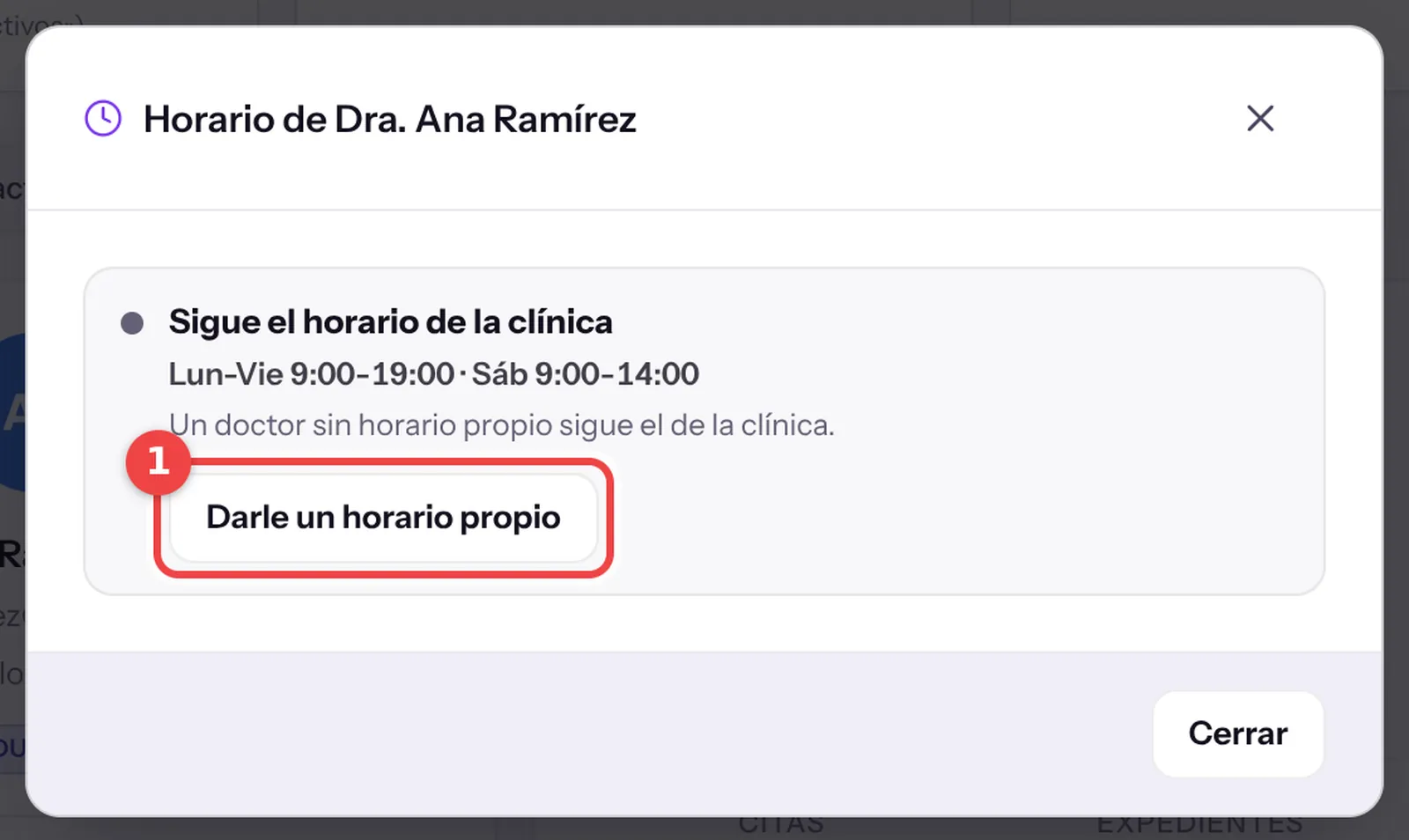 Ventana de horario de un doctor que sigue el horario de la clínica, con el botón Darle un horario propio
