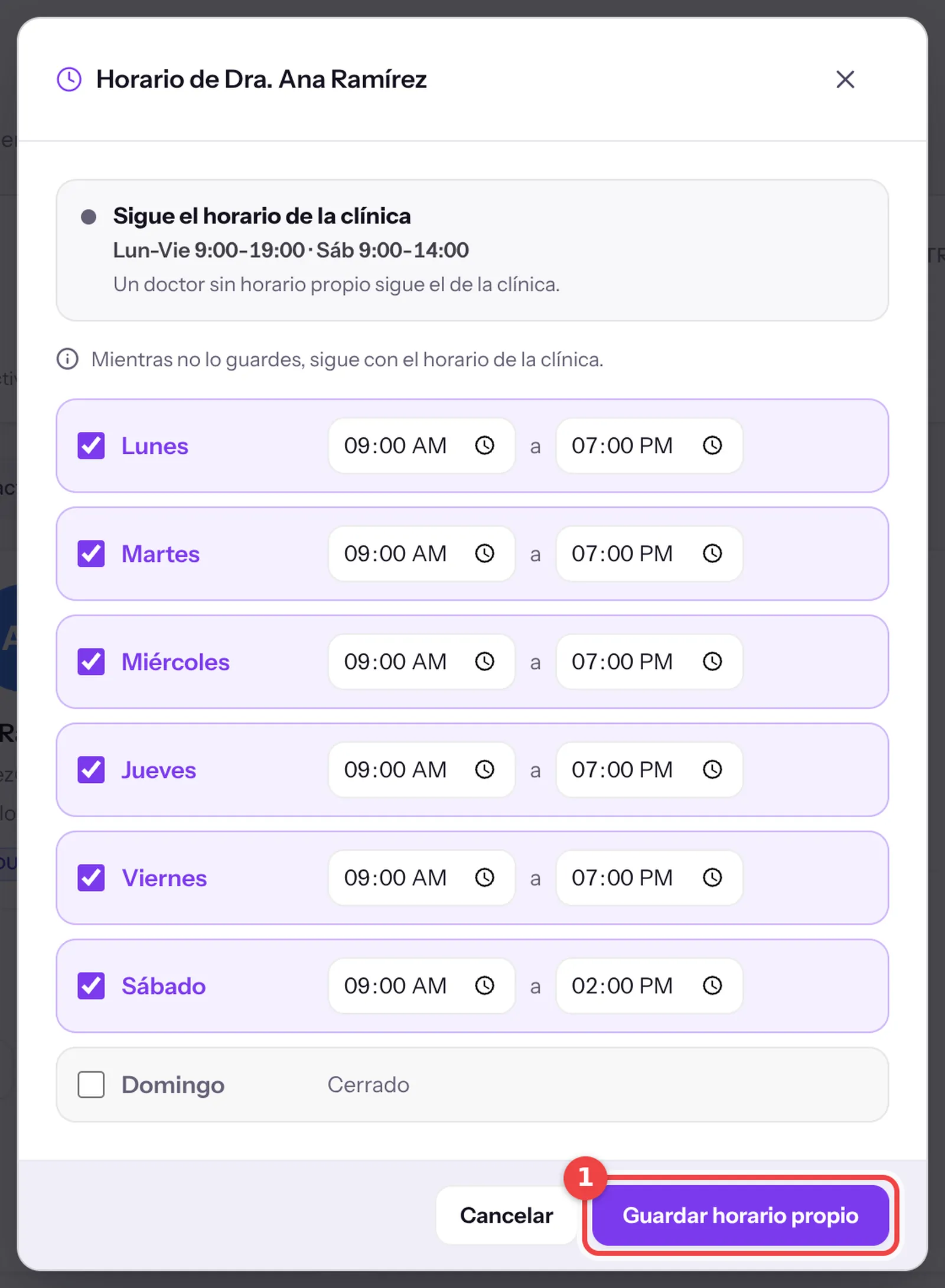 Editor semanal del horario propio de un doctor con el botón Guardar horario propio