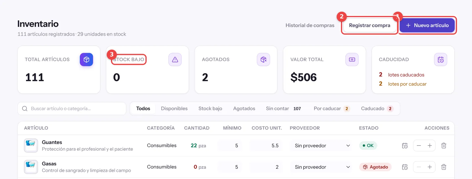 Tablero del inventario de material dental con los botones Nuevo artículo, Registrar compra y Stock bajo marcados