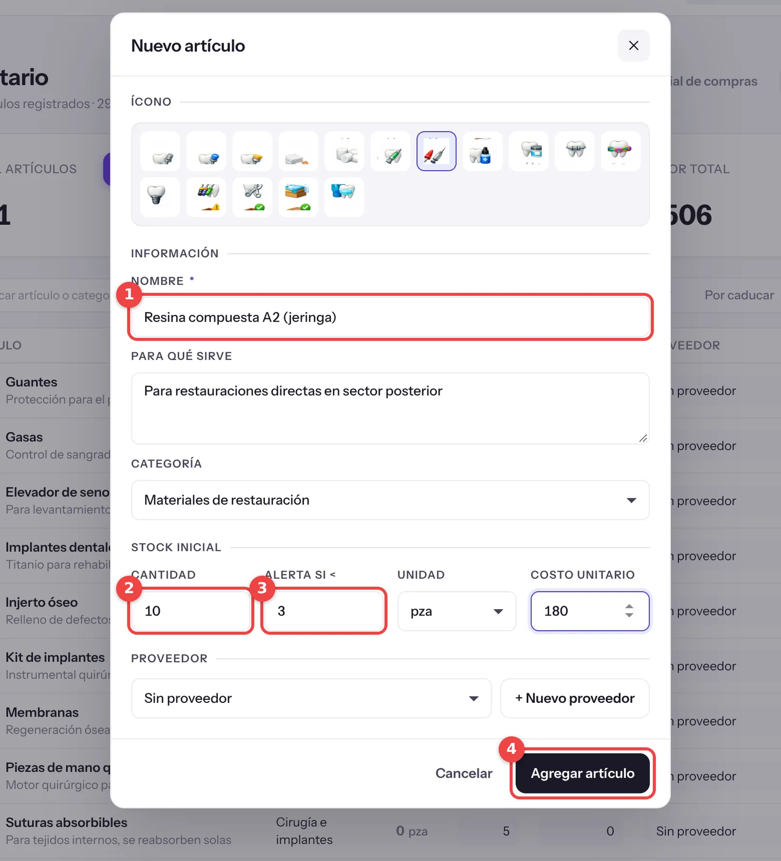 Formulario Nuevo artículo del inventario con nombre, cantidad, alerta mínima y el botón Agregar artículo marcados