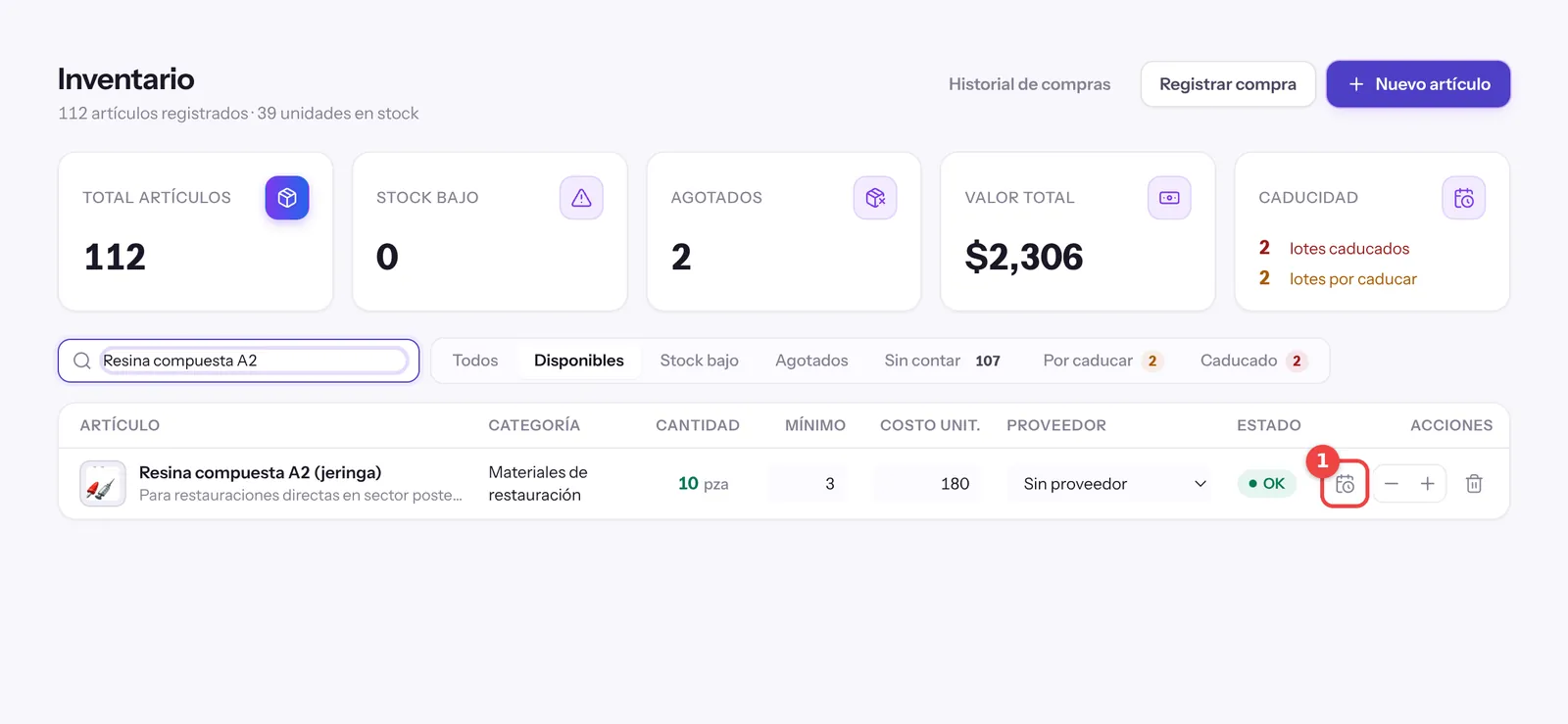 Fila de un artículo recién creado en el inventario con su cantidad, costo y botón de lotes y caducidad
