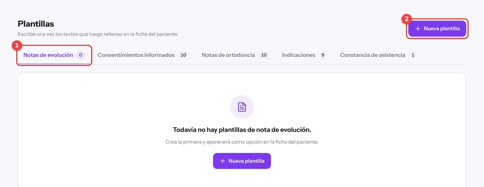 Pantalla de Plantillas con la pestaña Notas de evolución y el botón Nueva plantilla marcados