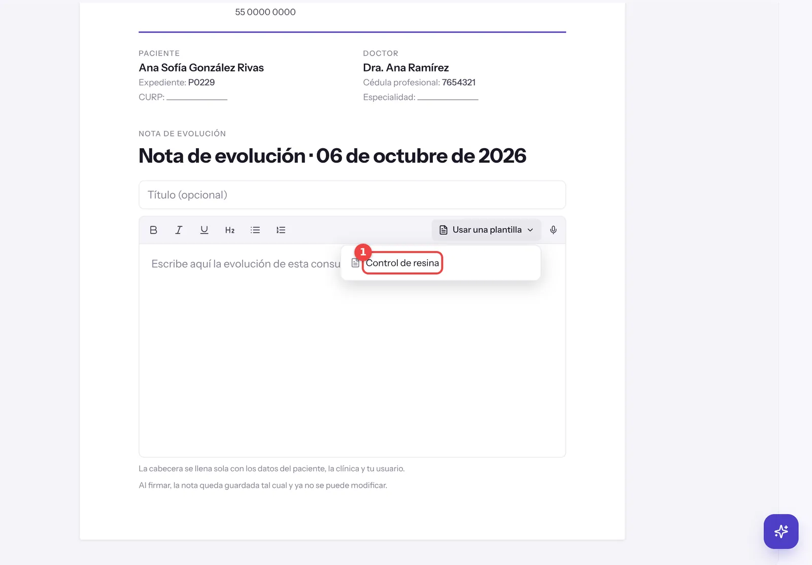 Menú Usar una plantilla con la plantilla Control de resina marcada dentro de la nota