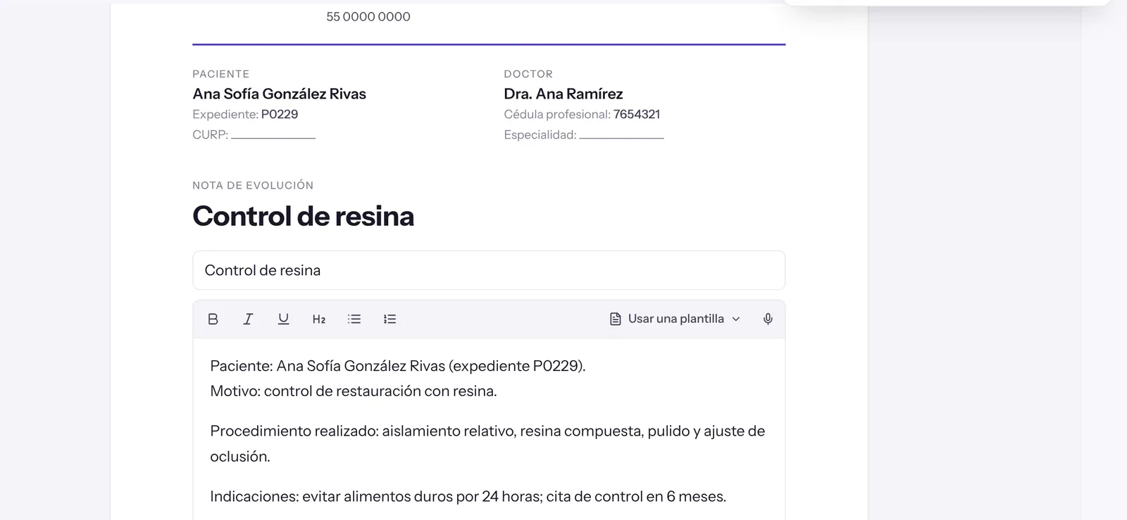 Nota de evolución con el texto de la plantilla ya aplicado y los datos del paciente sustituidos
