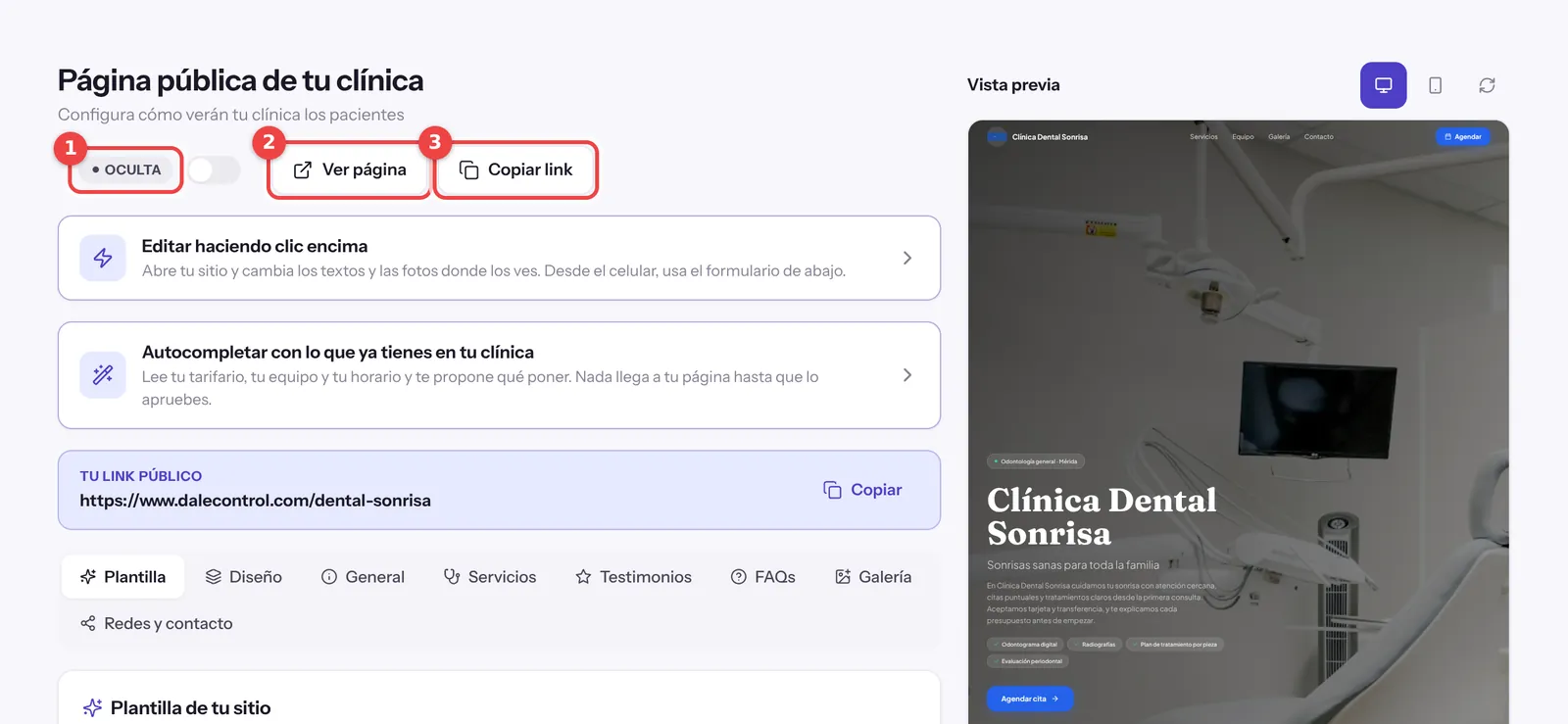 Pantalla Página web con el estado Oculta, Ver página y Copiar link marcados para activar la página web gratis