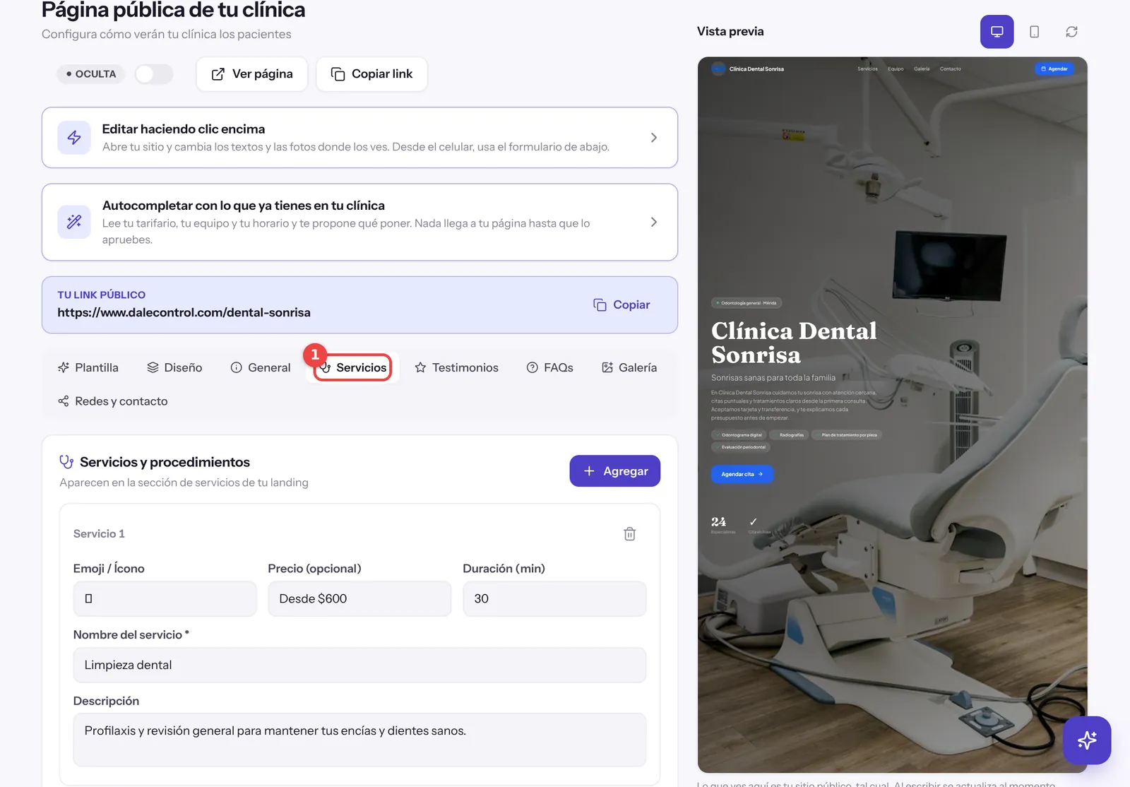Pestaña Servicios de la página web con el primer servicio, su precio y su descripción