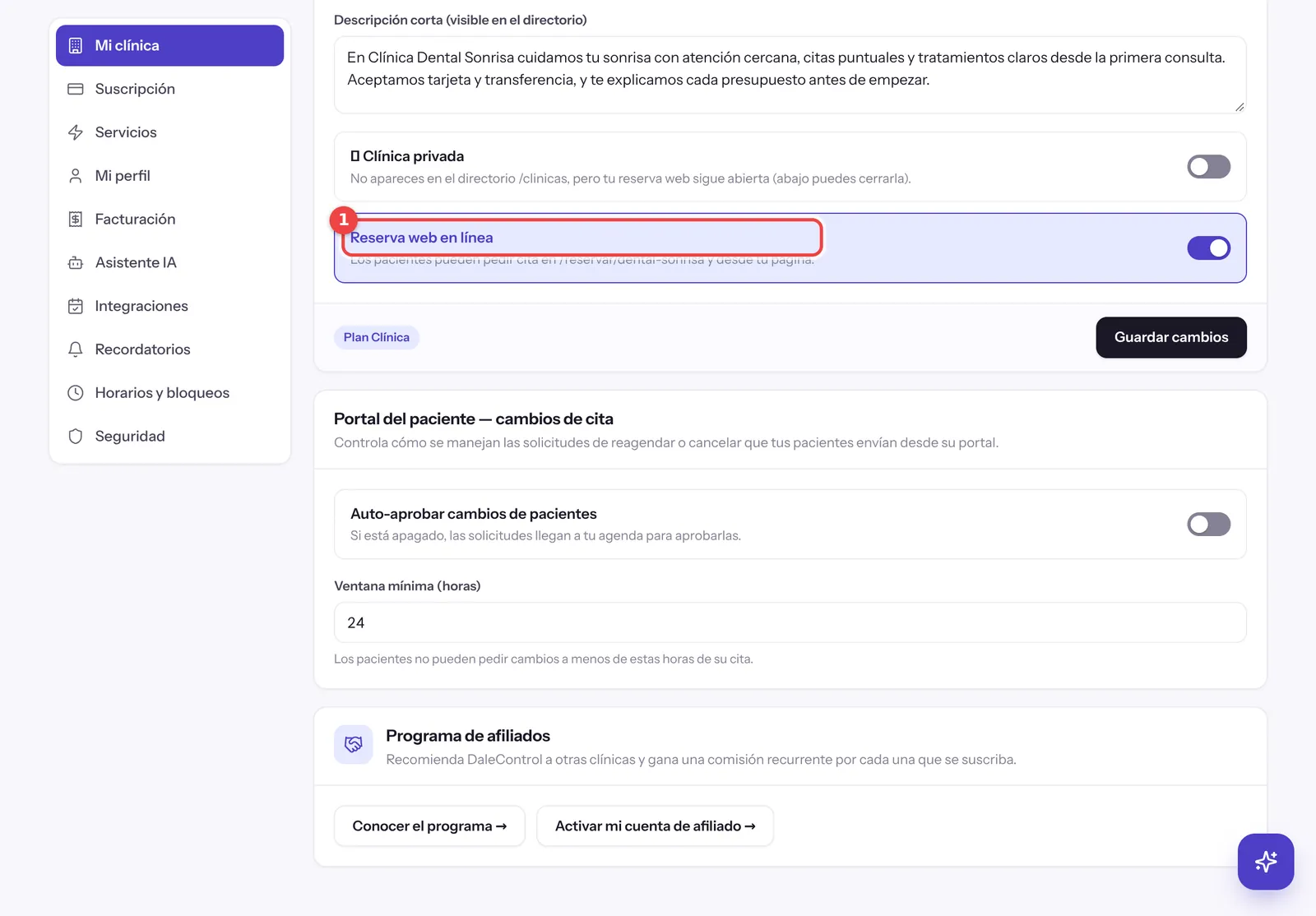 Interruptor de Reserva web en línea en Configuración, con la opción de auto-aprobar cambios