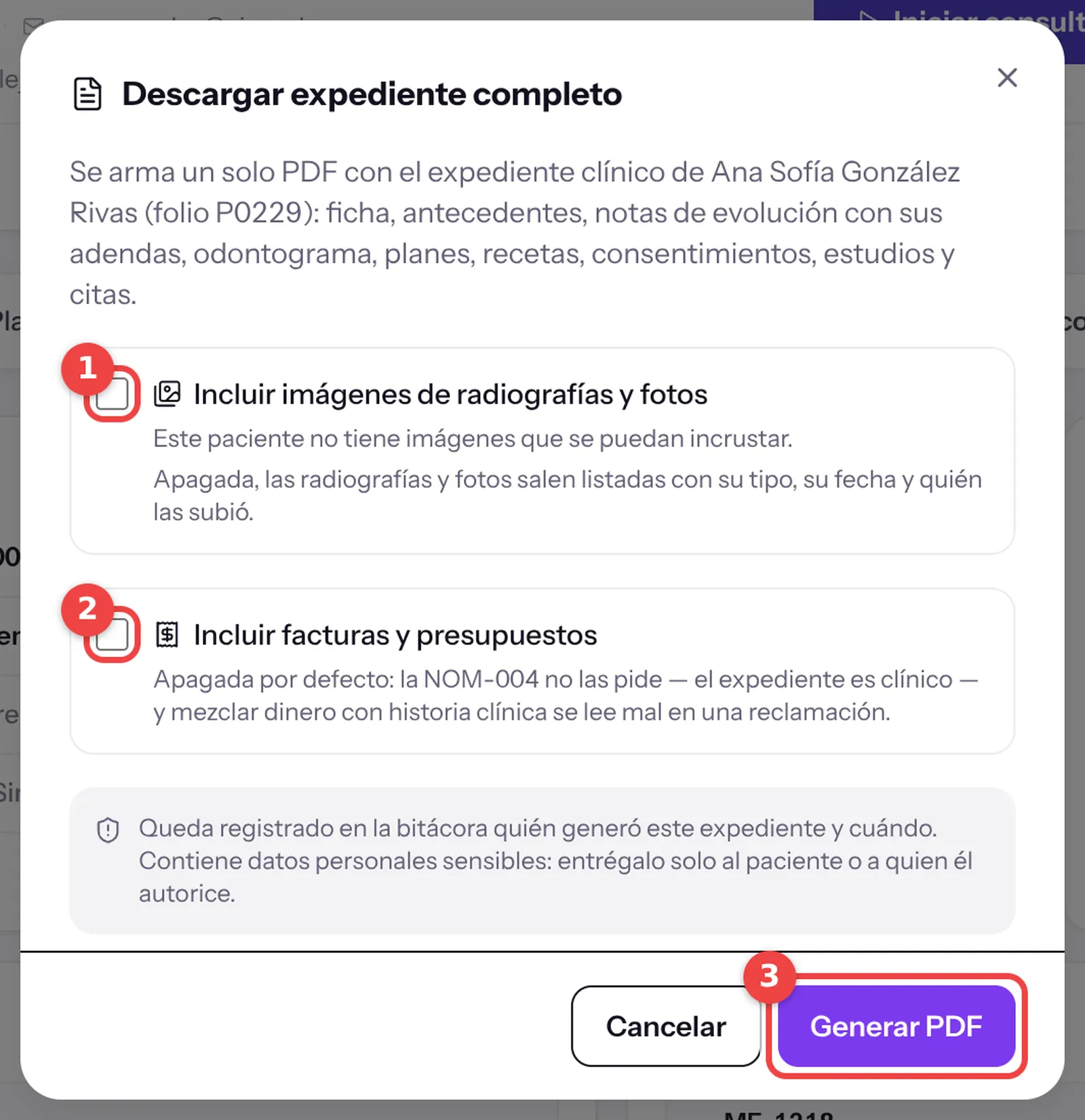 Ventana para descargar el expediente de un paciente en PDF con las casillas de imágenes y de facturas y el botón Generar PDF marcados