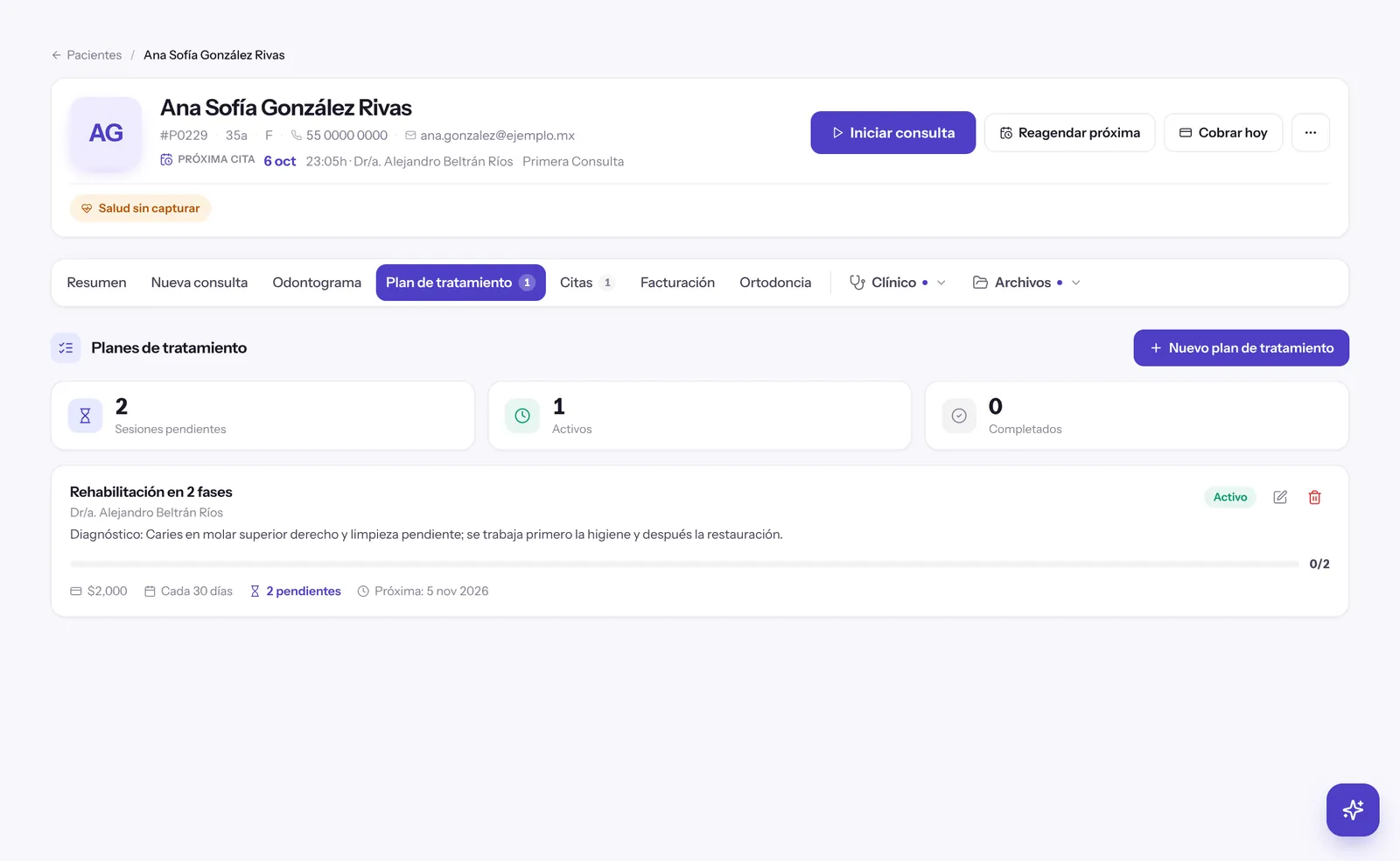 Tarjeta de un plan de tratamiento creado con costo, intervalo de sesiones y próxima fecha