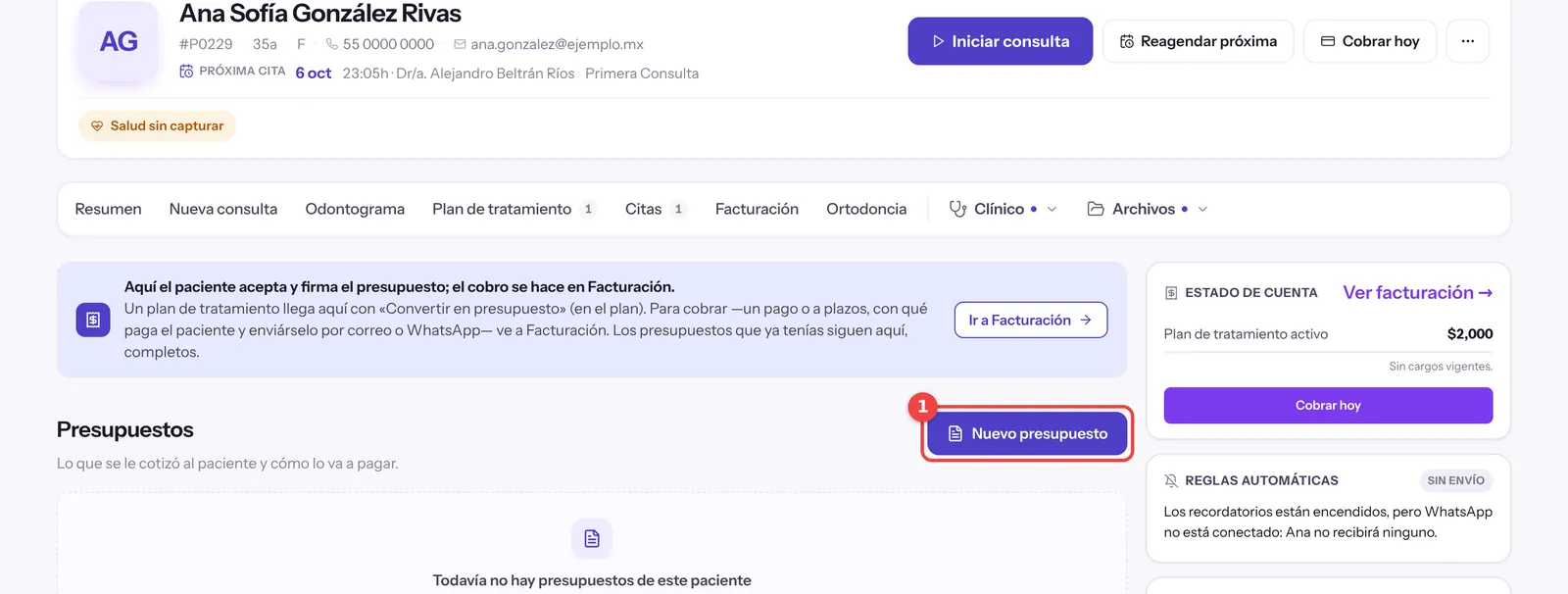 Pestaña Presupuestos de la ficha con el botón Nuevo presupuesto marcado
