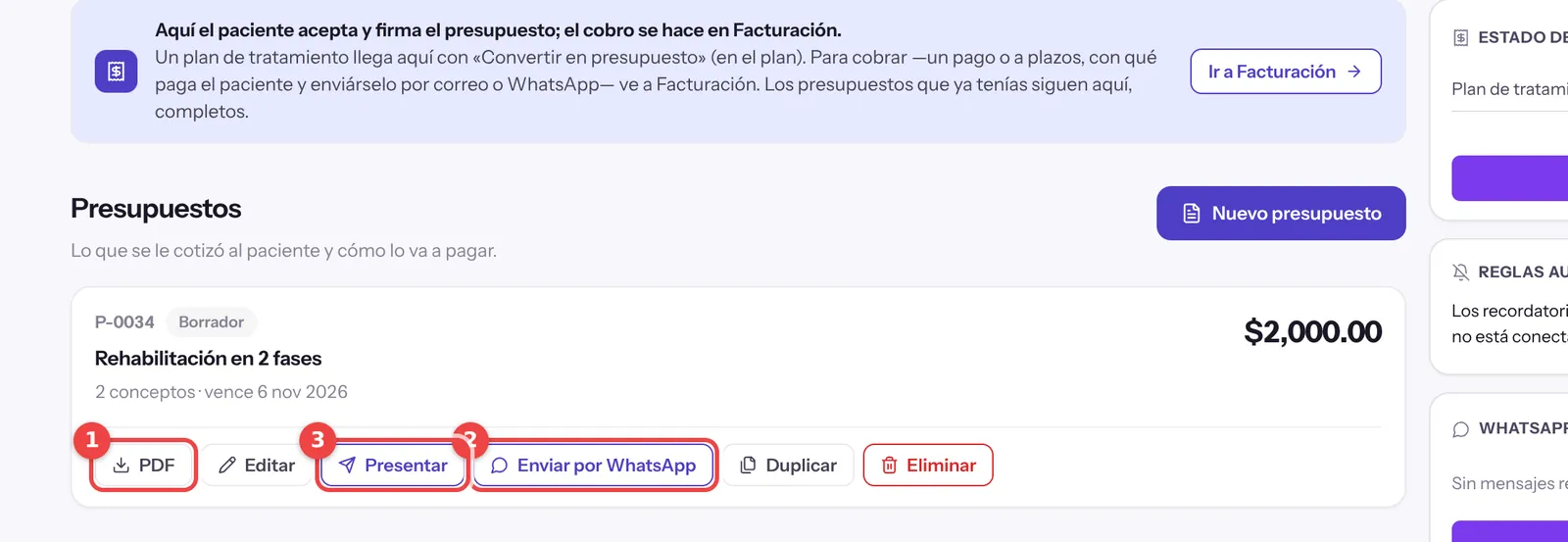 Botones PDF, Enviar por WhatsApp y Presentar marcados en la tarjeta del presupuesto