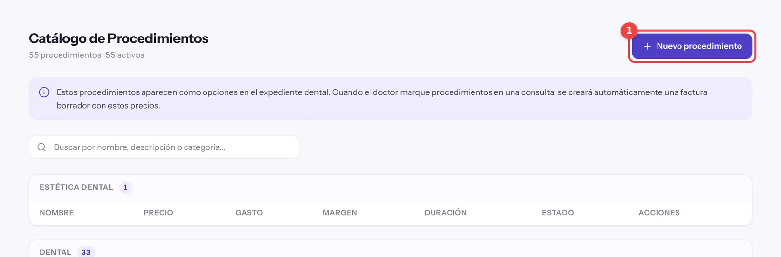 Catálogo de procedimientos de un software dental con el botón Nuevo procedimiento marcado
