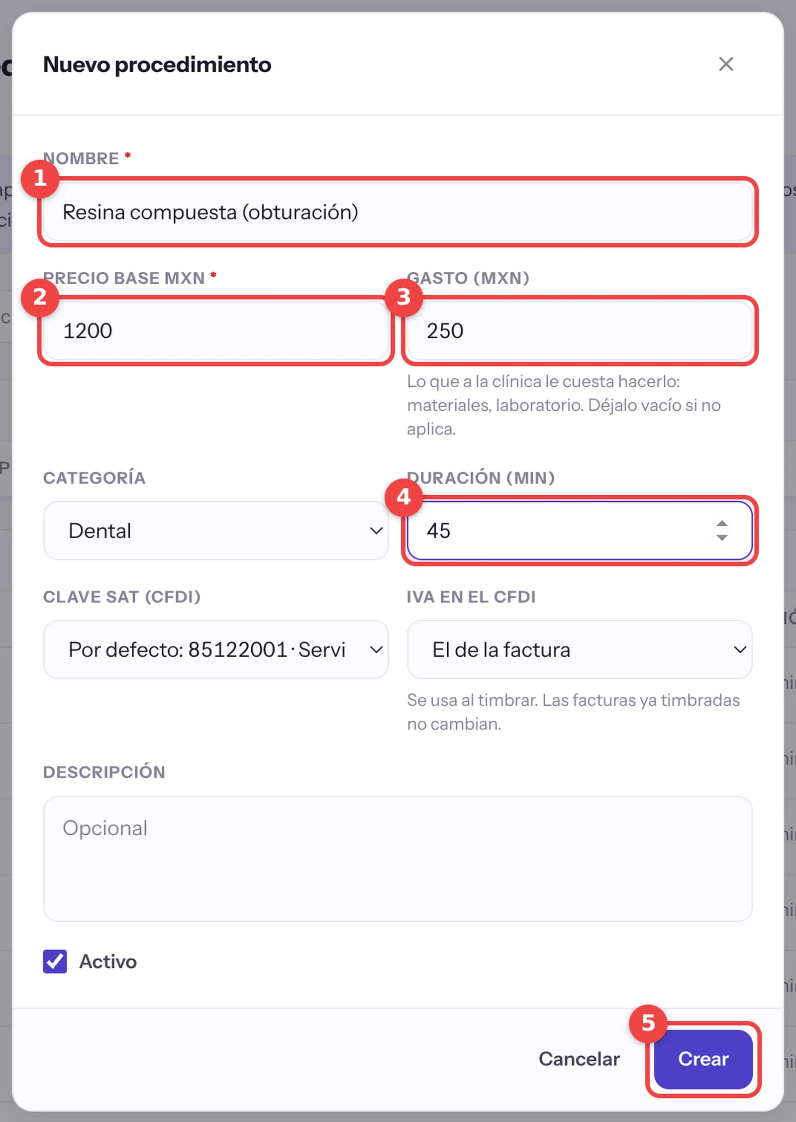 Formulario para agregar tratamientos y precios en un software dental, con nombre, precio, gasto y duración marcados