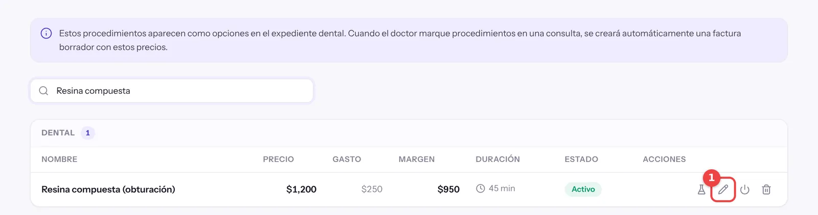 Fila de un procedimiento recién creado con su precio, gasto, margen y duración en la tabla