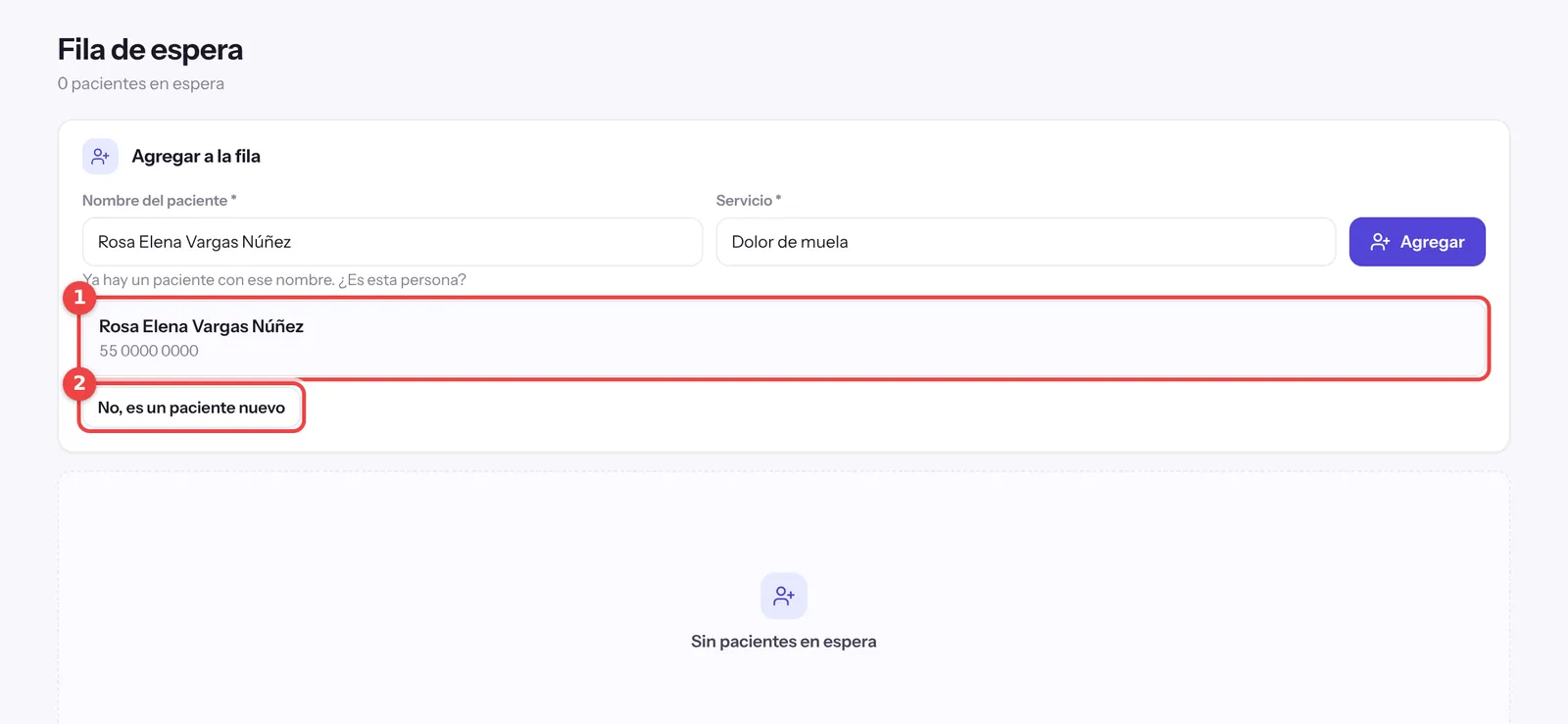 Aviso de paciente existente con su tarjeta y el botón No, es un paciente nuevo marcados