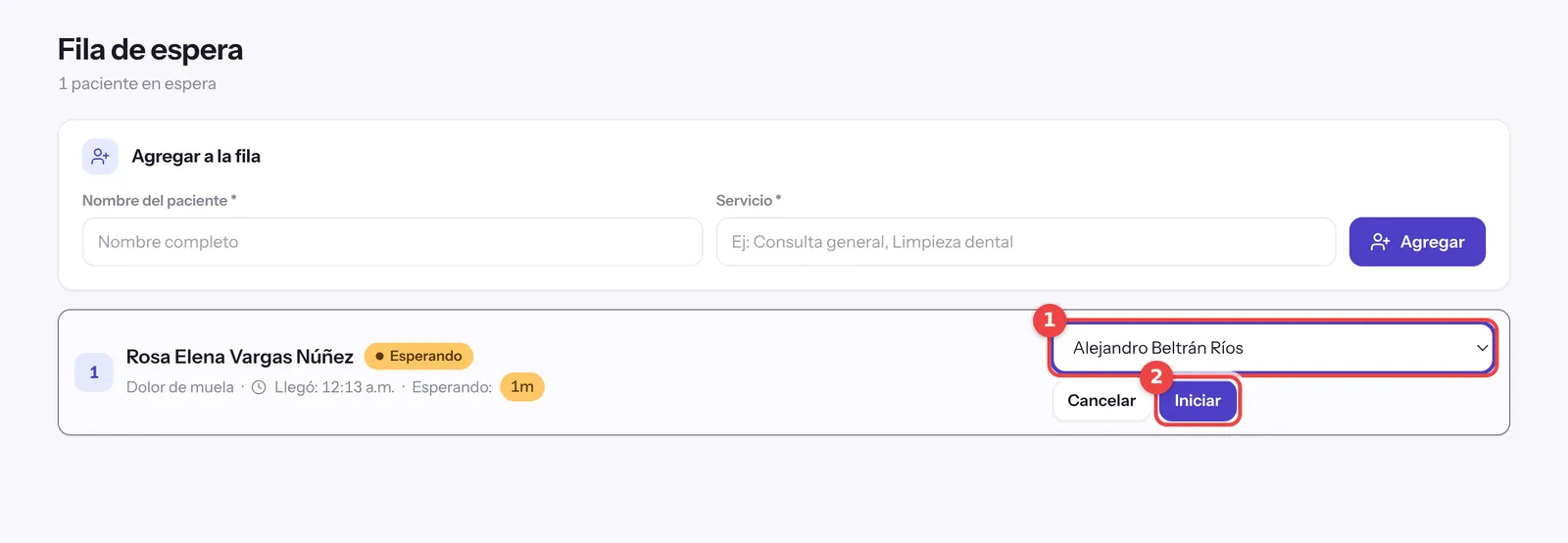 Selector de profesional del turno con el botón Iniciar marcado